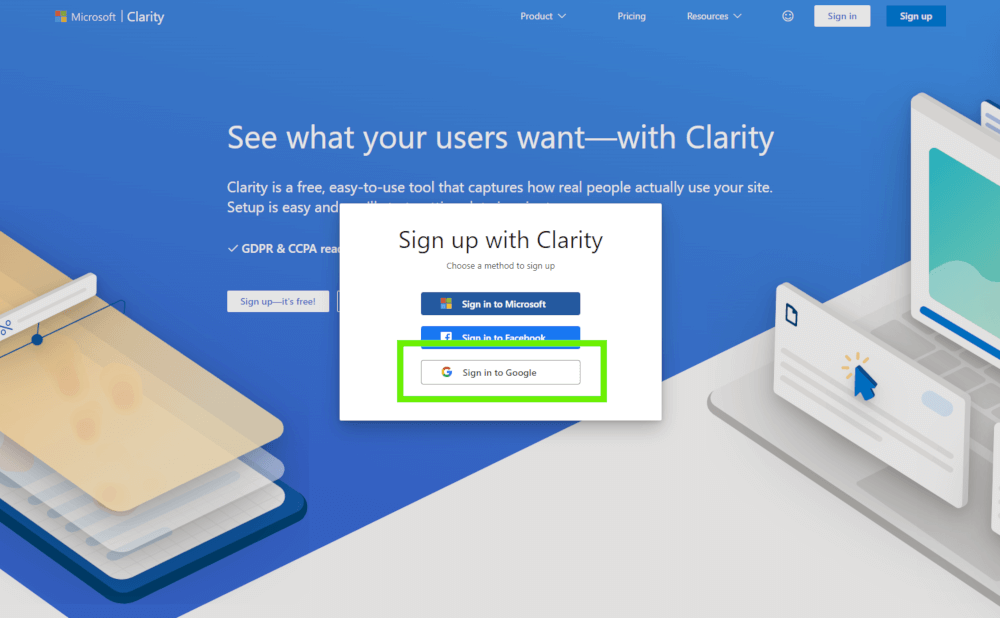 Clarityへのサインアップ画像